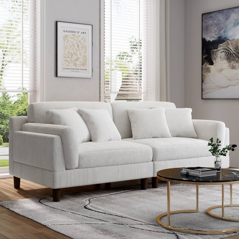 Modern 90" inch Sofa Comfy Corduroy Deep Seats Sofa - Beige Set&4 Pillows