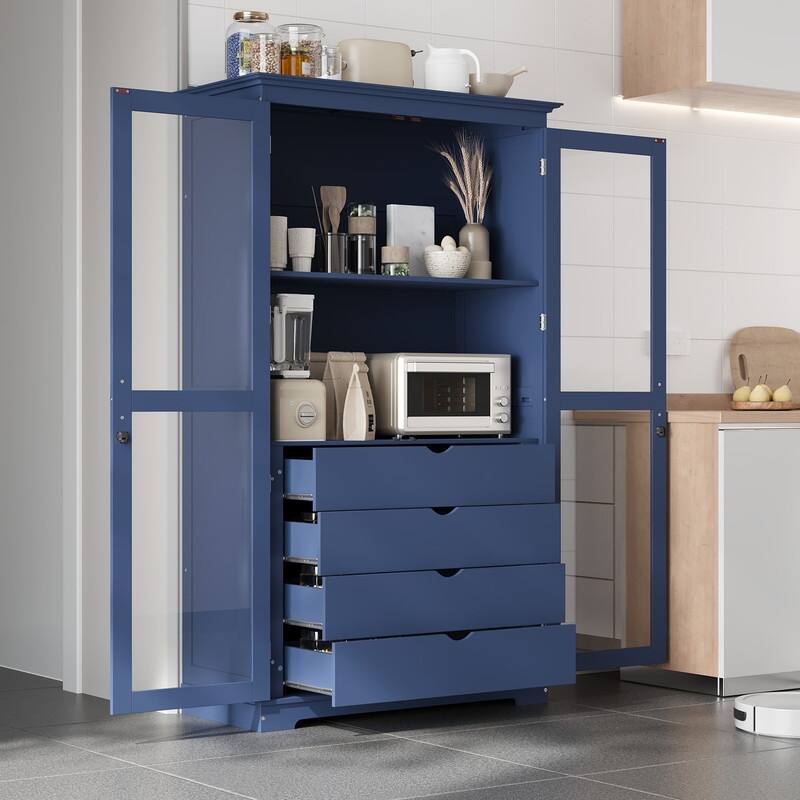 75" Tall Pine Wood Kitchen Pantry Cabinet with Glass Doors Four Drawers and Anti-Tipping Safety Features