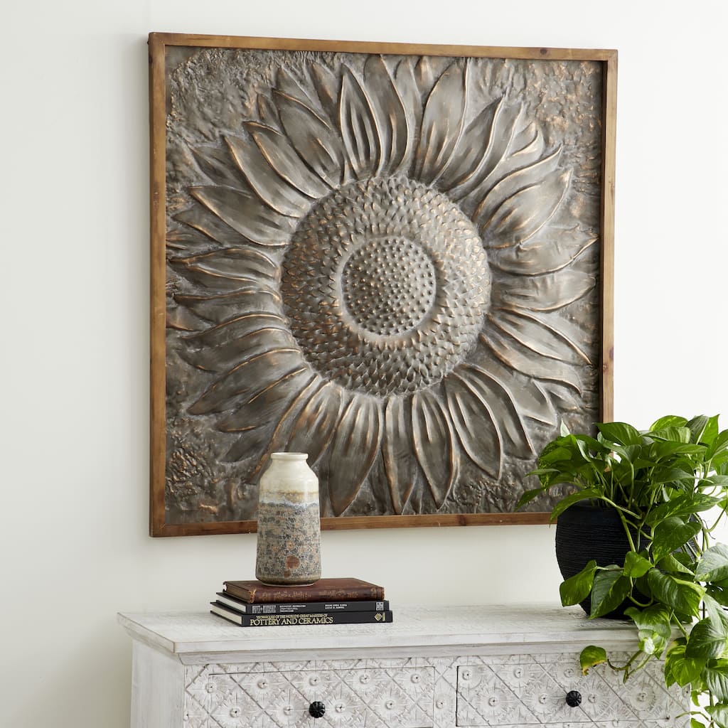 Gray Metal Sunflower Floral Home Wall Decor with Embossed Details