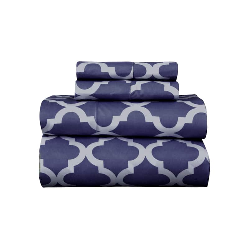 Four Piece Navy and White Quatrefoil Microfiber California King Sheet Set