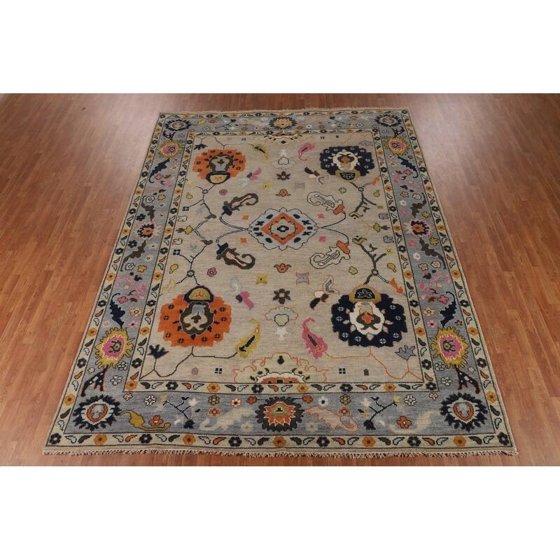 All-Over Floral Beige Oushak Oriental Area Rug Handmade Wool Carpet - 9'1" X 11'9"