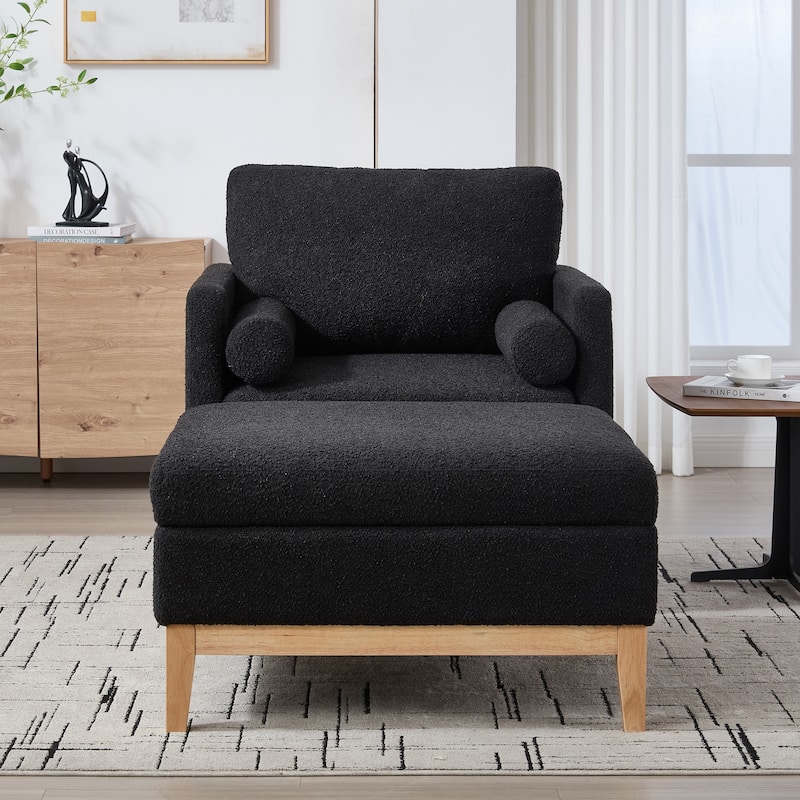 Roomfitters Boucle Arm Chair with Ottoman, Farmhouse Upholstered Wood Base Accent Chair and Reversible Lid Coffee Table