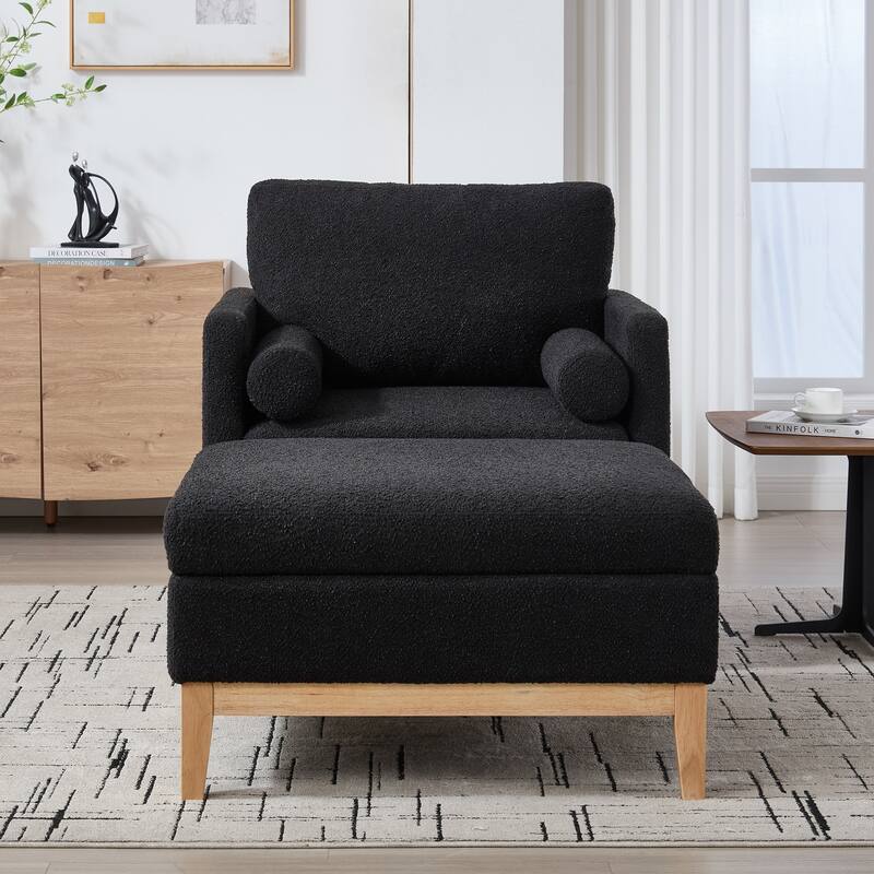 Upholstered Accent Armchair with Ottoman, Modern Lounge Chair with Wood Base for Living Room, Office, Reading Corner