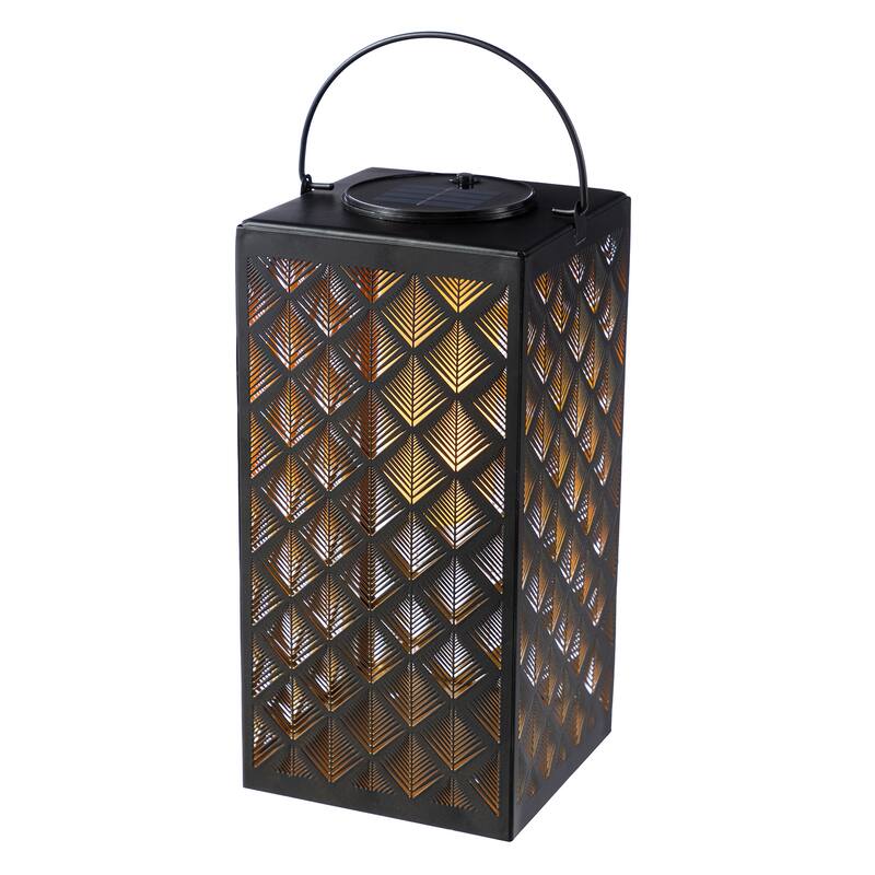 Glitzhome 11"H Black Metal Cutout or Square Textured Glass Pattern Solar Powered Hanging Lantern with LED Light