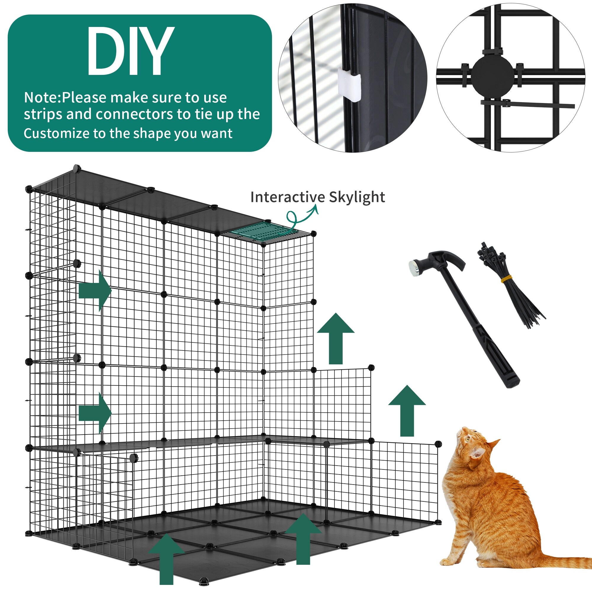 Cat Cage Indoor Catio DIY Cat Enclosures Metal Cat Playpen 3 Tiers Kennels Pet Crate with Large Hammock for 1 2 Cats Rabbit Black