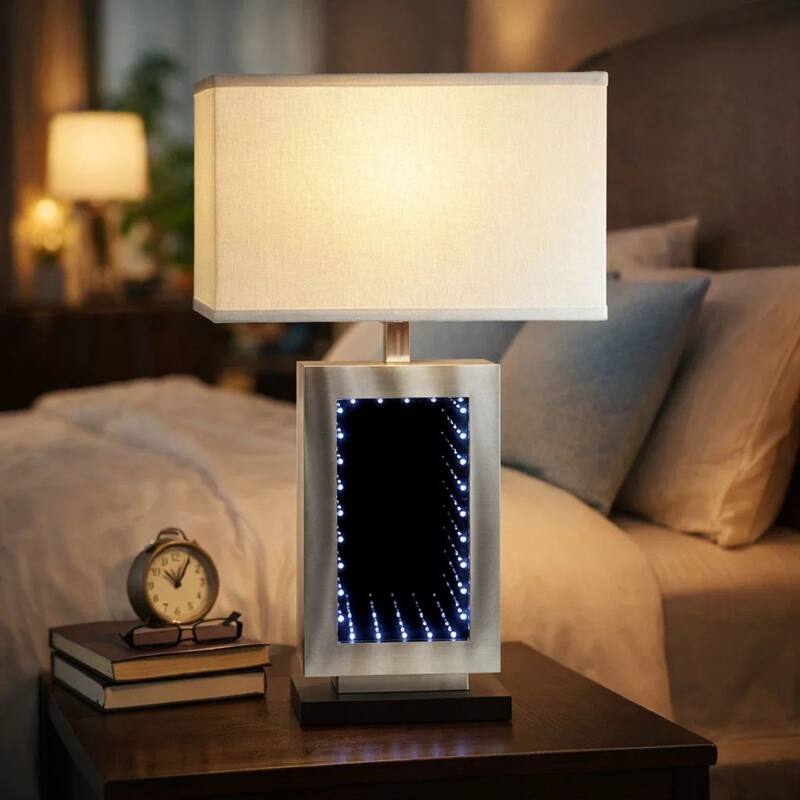 Ziva 27 Inch Table Lamp, LED Night Light, Rectangular Shade, Matte Silver