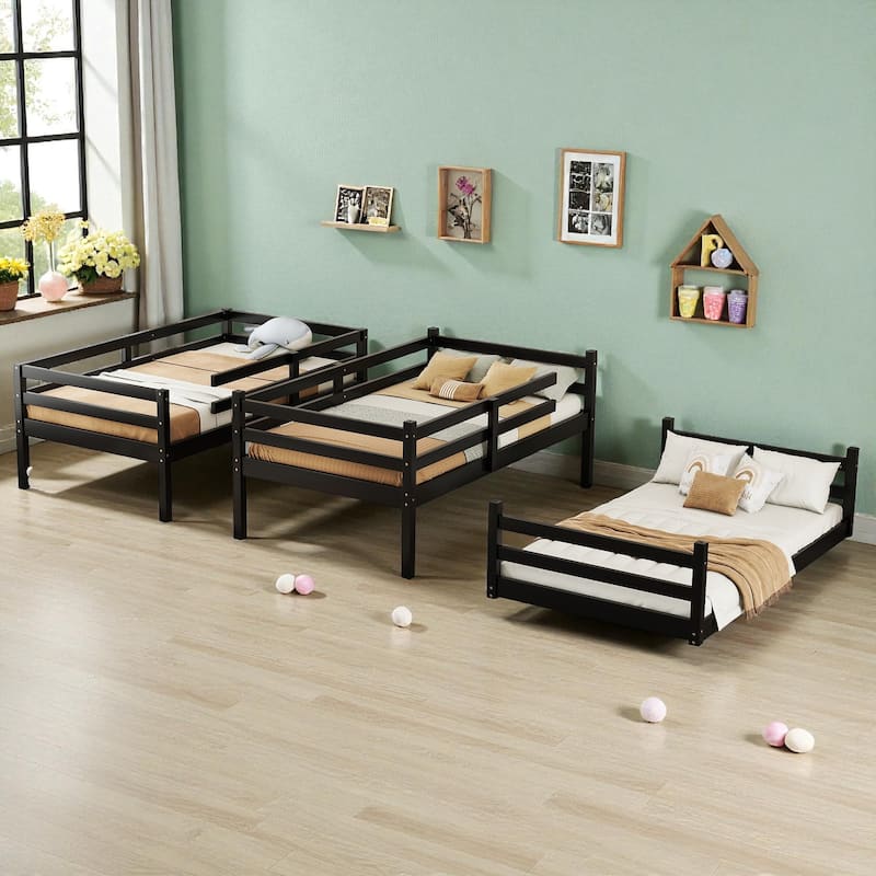Twin Over Twin Over Twin Rubber Wood Triple Bunk Bed with Guardrails and Two Built-in Ladders, Detachable 3-Tier Bed Frame