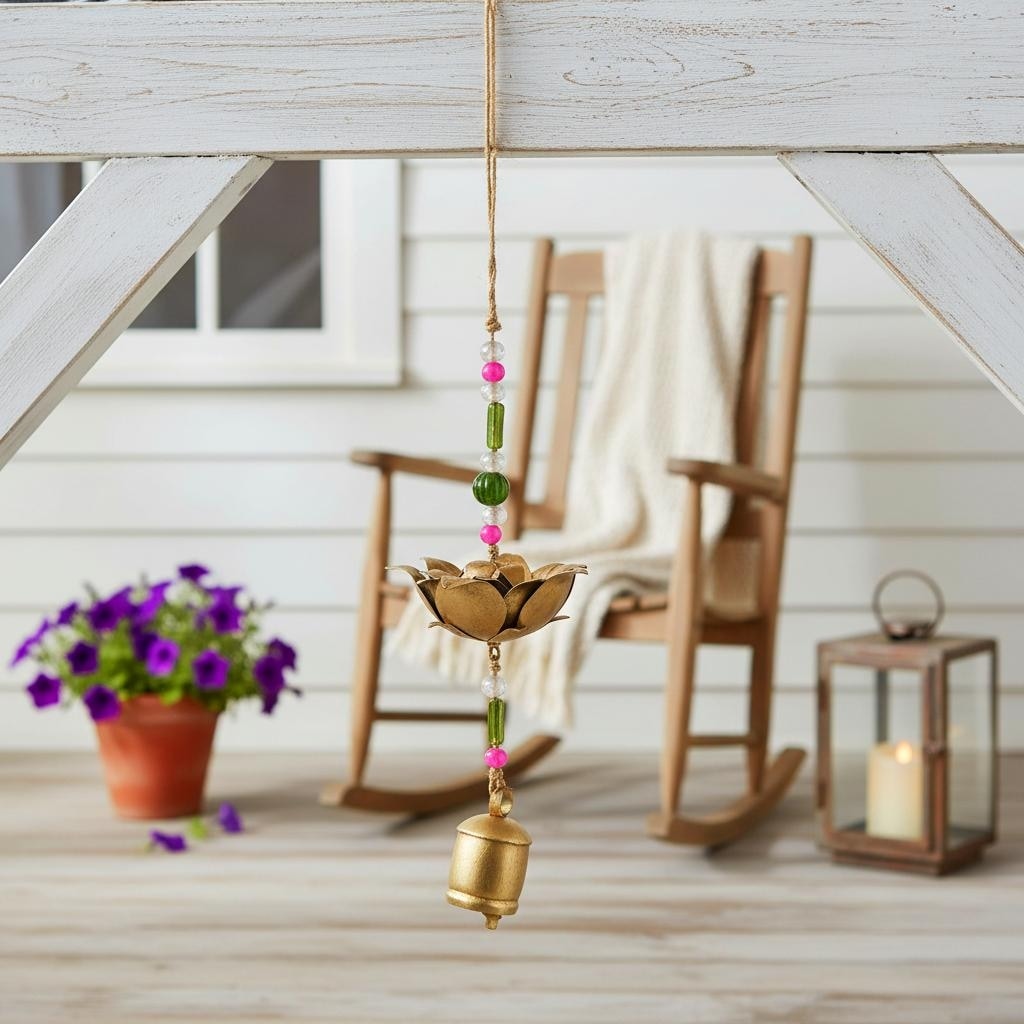 Glass Metal Bells and Windchimes Garden - 26" Gold/Green - 7" x 7" x 26"