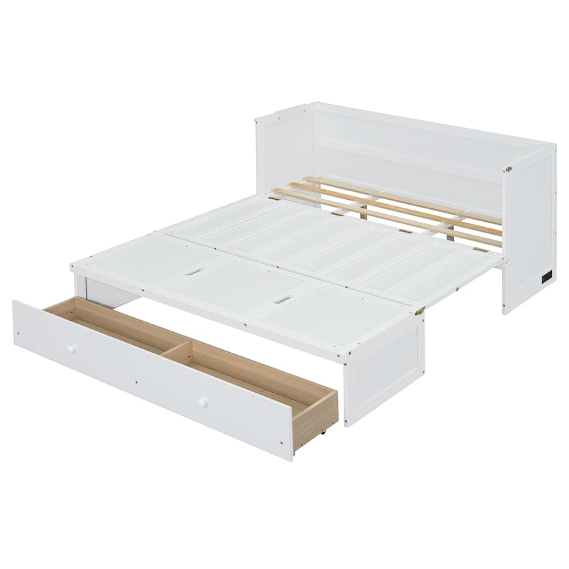 Queen Size Murphy Bed with USB Port, Large Drawer, and Space-Saving Design, White