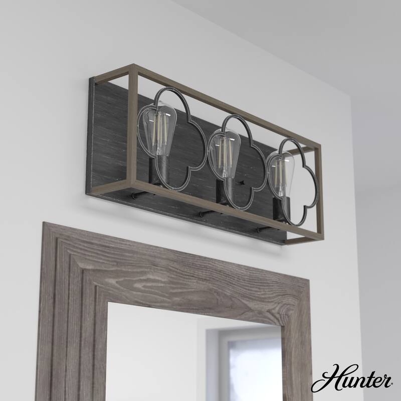 Hunter Gablecrest 3-Light Bathroom Vanity Wall Light - Modern Farmhouse, Transitional - Damp Rated! - French Oak-Rustic Iron