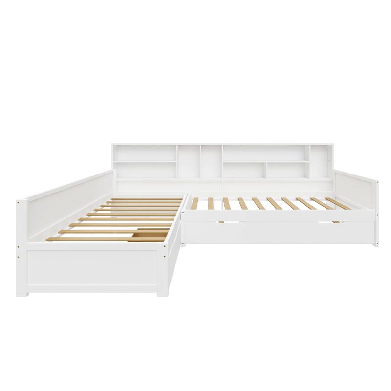 3-in-1 Bookcase Daybed L-shape Corner Daybed Twin Size Captains Bed Wooden Bed Frame with Under-bed Trundle and Drawer
