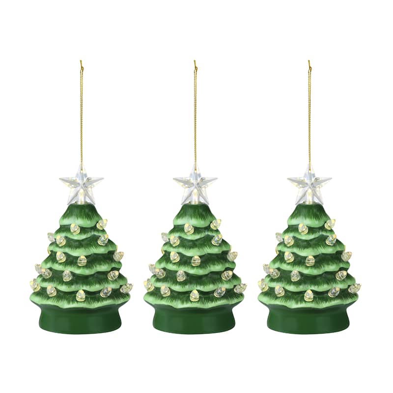 5 in. Set of Nostalgic Ceramic Tree Ornament- Green with White Bulbs