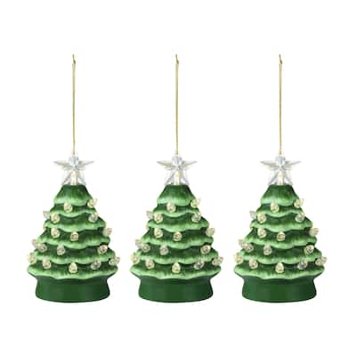5 in. Set of Nostalgic Ceramic Tree Ornament- Green with White Bulbs