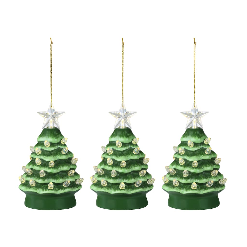 5 in. Set of Nostalgic Ceramic Tree Ornament- Green with White Bulbs