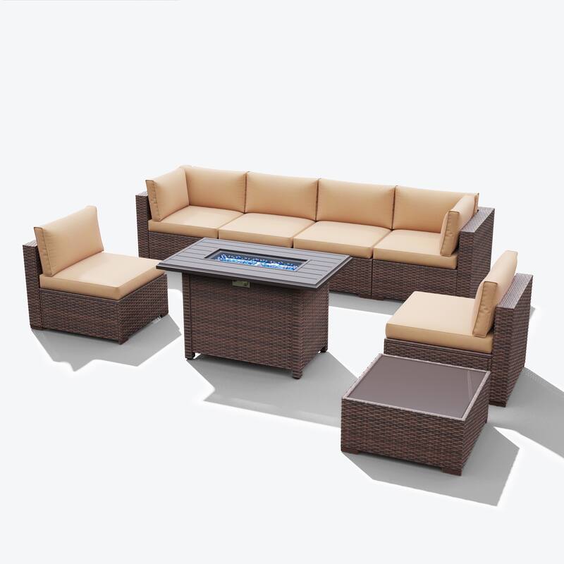 Outdoor 8 Pieces Sectional Wicker Sofa Set with Fire Pit