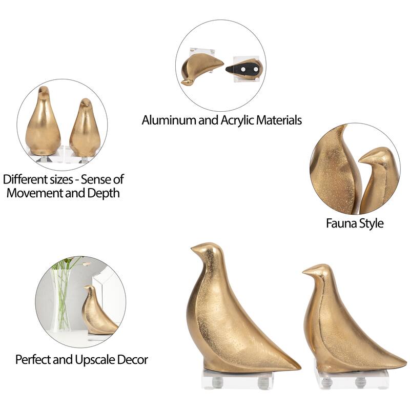 Sagebrook Home Gold Lissa Birds 7/8" Aluminum and Acrylic Sculptures, Home Decor Statement Pieces, Set of 2 - 7" x 4" x 8"