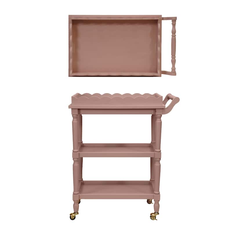 3-Tier Bar Cart on Casters with Removable Scalloped Tray, Pink - 27.3"L x 15.8"W x 31.9"H - Pink