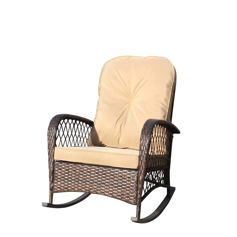 Outdoor Wicker Rocking Chair with Wide Seat, All- Weather Rattan Armchair for Poolside, Garden, Porch, Backyard
