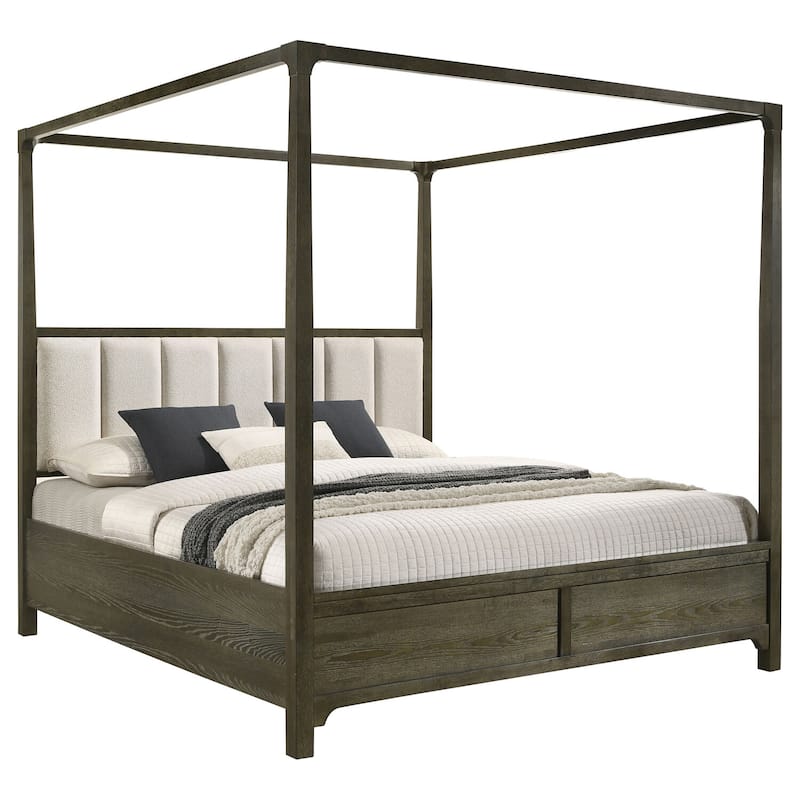 Queen Canopy Bed with Upholstered Headboard, Dark Cocoa Finish, Solid Hardwood, Stylish Bedroom Retreat