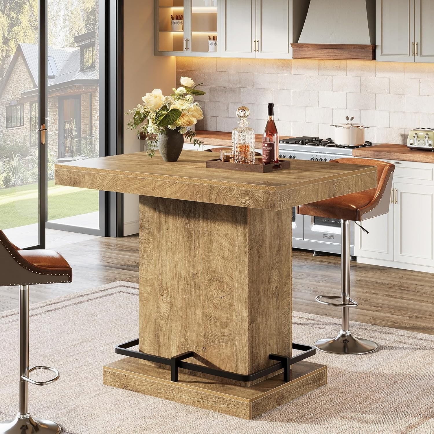 47-Inch Industrial Bar Table with Metal Footrest, Rectangular Counter Height Bar Table for Small Bar