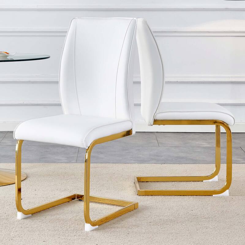 Set of 2 PU Material High Resilience Dining Chair with Arched Metal Gold Leg