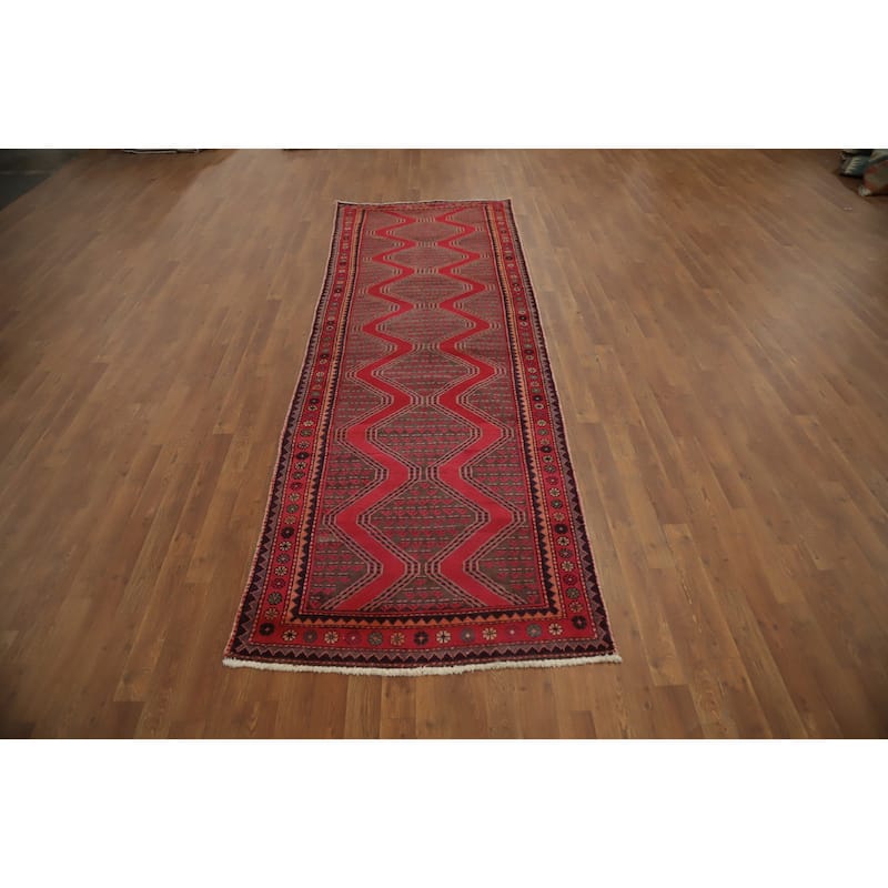Hand Knotted Oriental 100% Wool Carpet Traditional Geometric Red Hamedan Runner Rug - 10' 5'' X 3' 6''