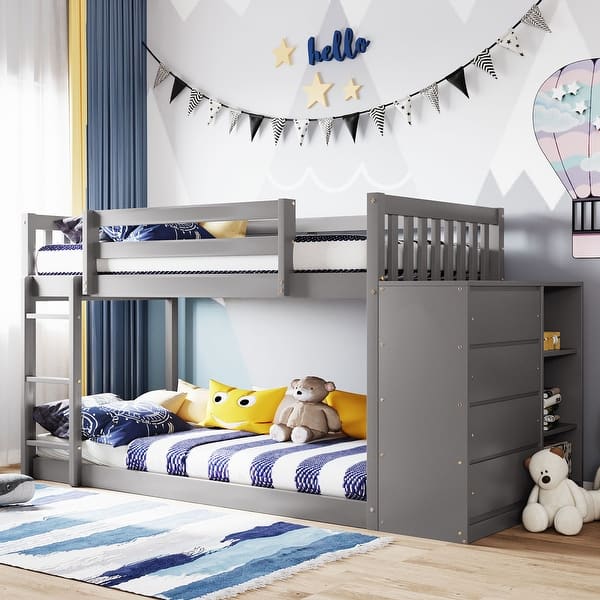 slide 2 of 50, Floor Bunk Bed with Movable Storage Cabinet, Solid Wood Bunkbeds Frame Gray - Twin