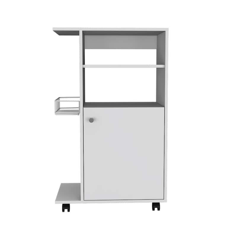 Versatile White Kitchen Cart with Caster Wheels, One-Door Cabinet, Microwave Stand, 27.96" Countertop