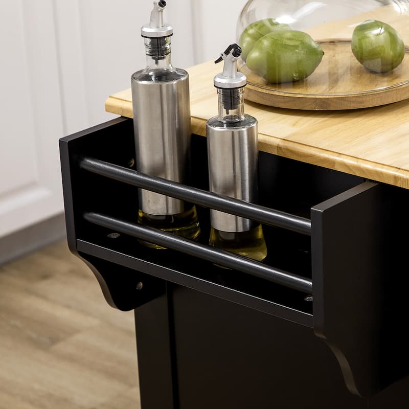 Kitchen Island with Storage, Rolling Kitchen Serving Cart with Rubber Wood Top, Storage Drawer and Cabinet