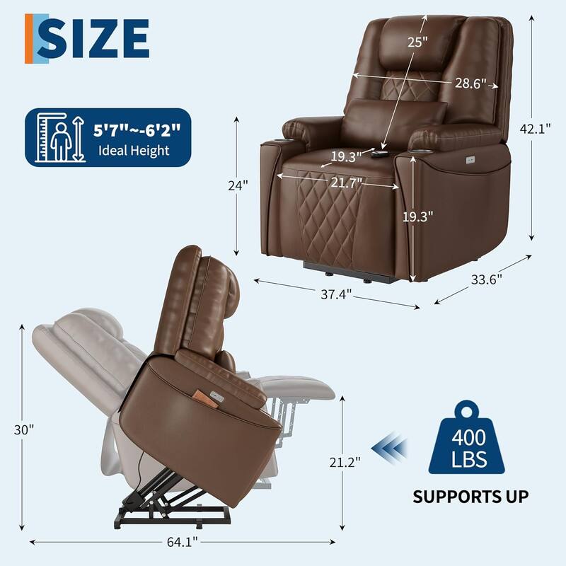 Power Lift Recliner Chair Sofa, PU Leather Reclining with Charging Ports, Cup Holders, Electric Stand Assist