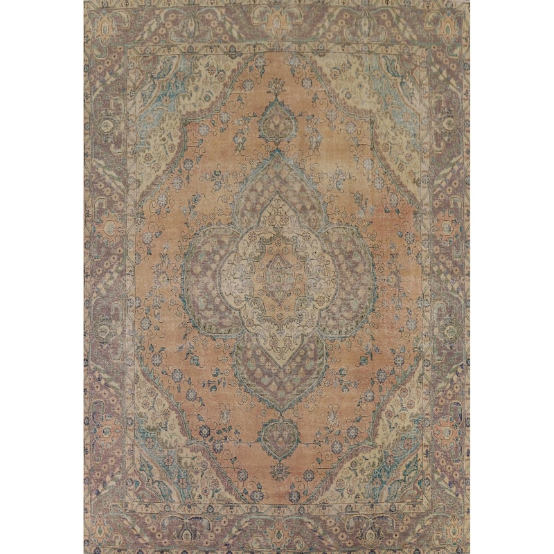 Distressed Tabriz Persian Antique Area Rug Hand-Knotted Wool Carpet - 9'6" x 12'8"