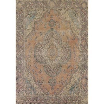 Distressed Tabriz Persian Antique Area Rug Hand-Knotted Wool Carpet - 9'6" x 12'8"
