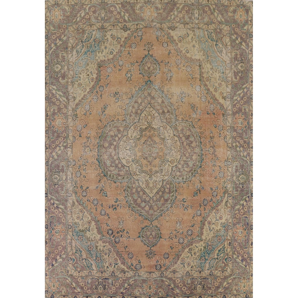 Distressed Tabriz Persian Antique Area Rug Hand-Knotted Wool Carpet - 9'6" x 12'8"