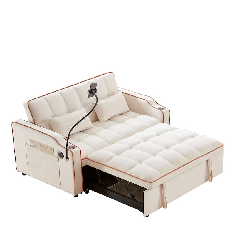 Versatile Foldable Sofa Bed in Beige, Solid Wood+MDF+Resin, Adjustable Back, USB Port & Phone Stand