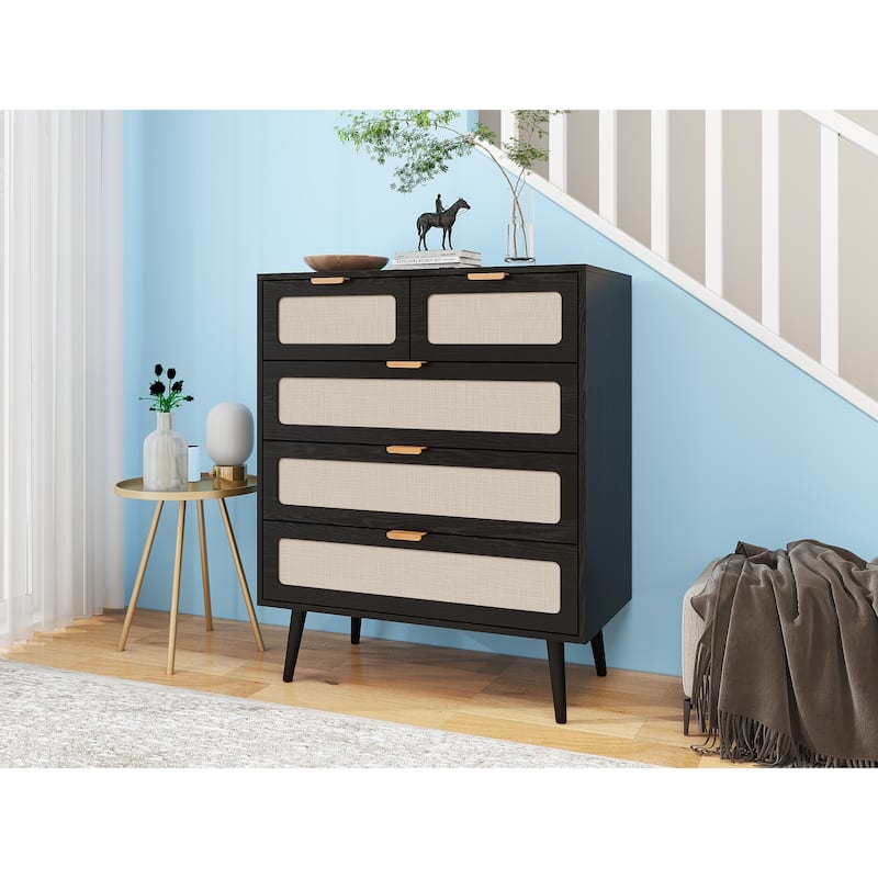 Natural Rattan 5 Drawer Cabinet, Accent Storage Cabinet