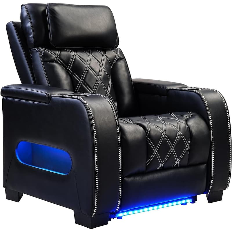 Power Recliner Chair with Adjustable Headrest, Breathable PU Leather Home Theater Seating with Ambient Lighting,Cup Holders - Black