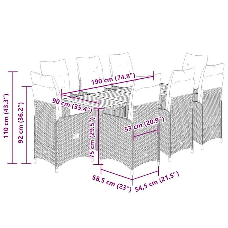 vidaXL Bistro Set Grey PE Rattan, Steel Frame, Acacia Wood 6-Seater - 21.5 x 23.0 x 36.2 in