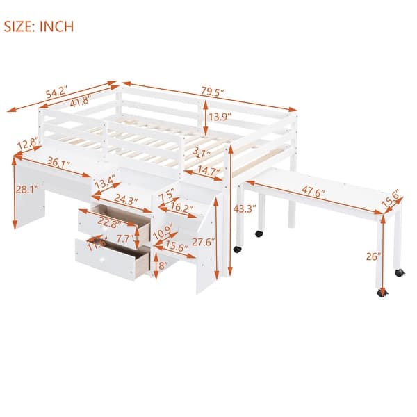 dimension image slide 1 of 2, Twin Size Wooden Loft Bed with Desk, Drawers, and Portable Desk