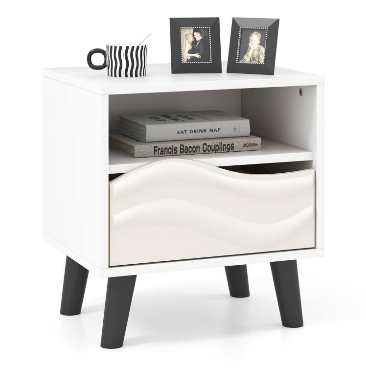 White and Black Nightstand with 3D Wavy Drawer Open Shelf and Tapered Feet