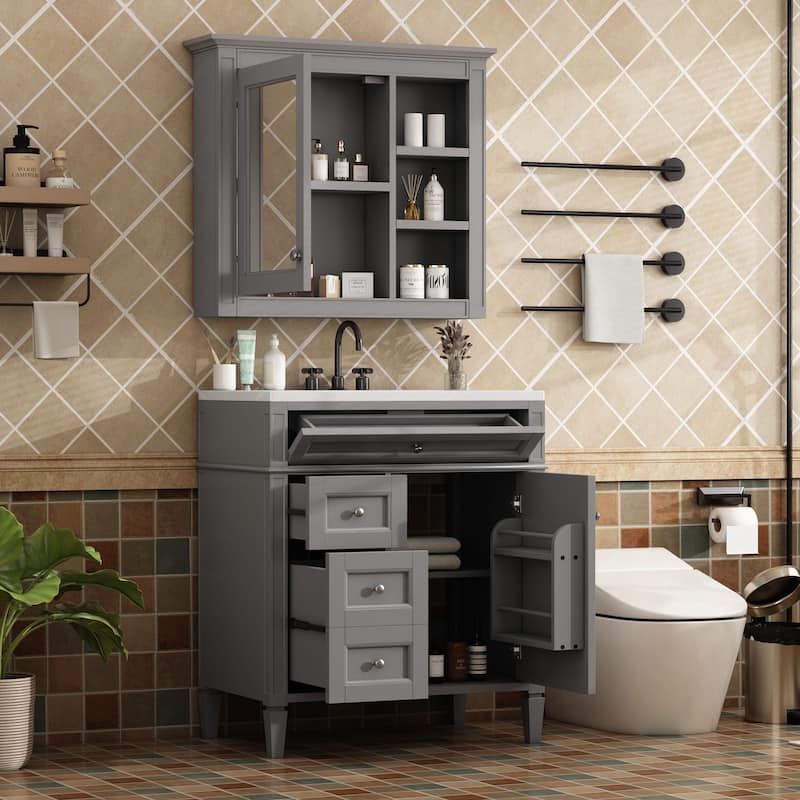 Modern 30" Bathroom Vanity Set with Mirror Cabinet, Ceramic Sink, 2 Drawers & Tip-Out Drawer for Storage