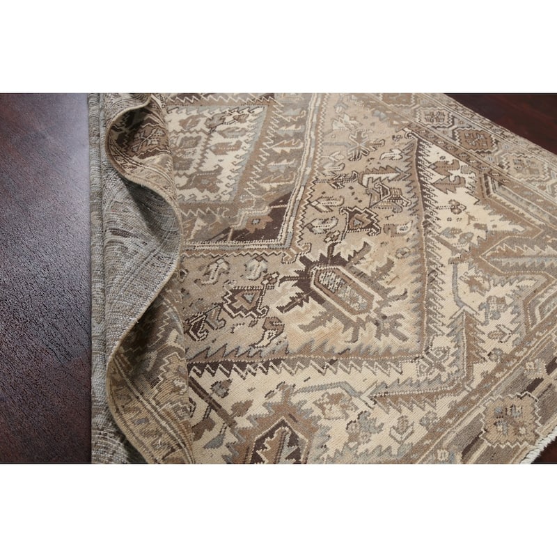 Vintage Geometric Distressed Heriz Persian Area Rug Wool Hand-knotted - 7'0" x 9'2"
