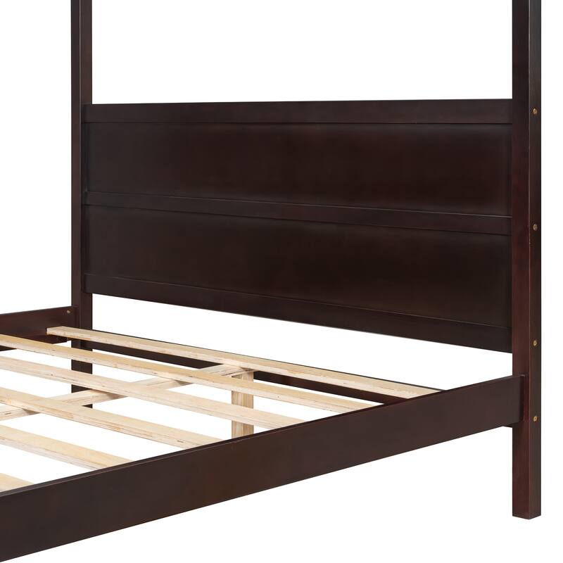 Queen Size Canopy Platform Bed with Headboard, Footboard, and Slat Support in Espresso