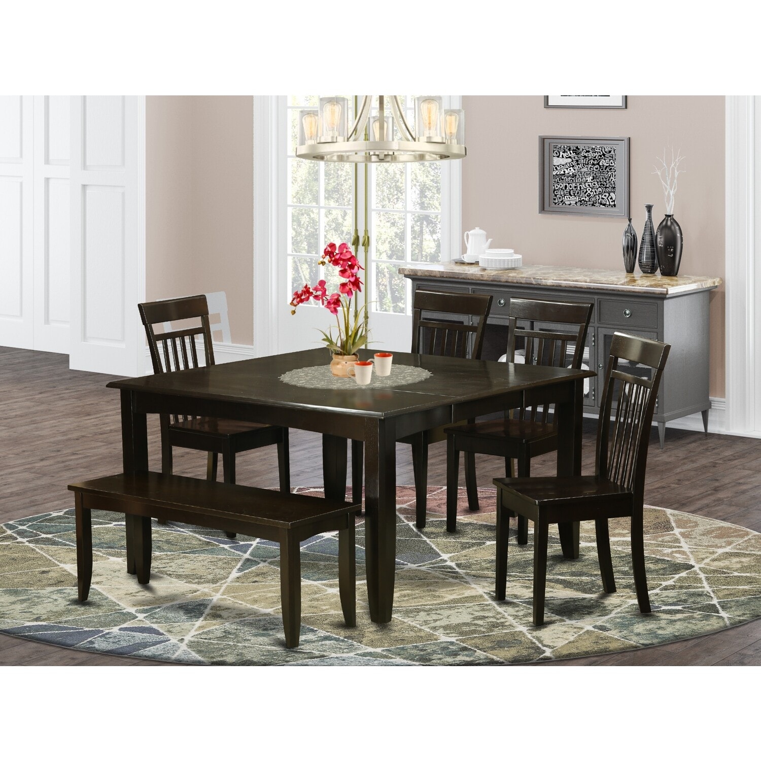 HomeStock 6-Piece Square Cappuccino Finish Solid Wood Top dining Table with 1-Bench and 4-Chairs