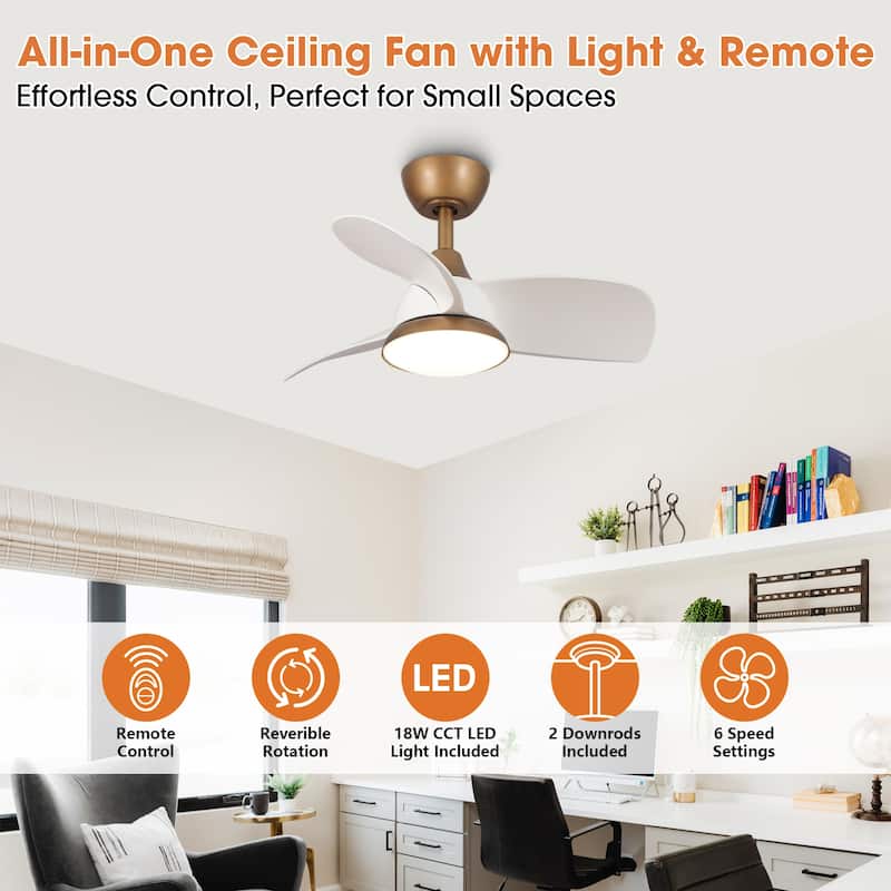 28" Black Modern Dimmable LED Ceiling Fan with Light and Remote