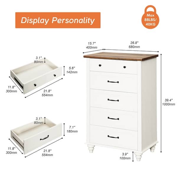 dimension image slide 4 of 6, Farmhouse Kids Dresser with 5/6 Drawers, Wood Baby Dresser for Nursery