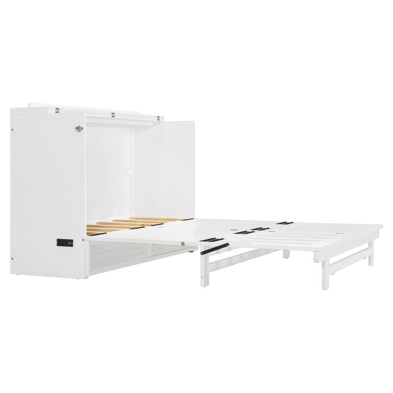 Queen Size Folding Murphy Bed Cabinet with USB Charging Ports, Storage Drawer & Wheels, Space-Saving Convertible Design