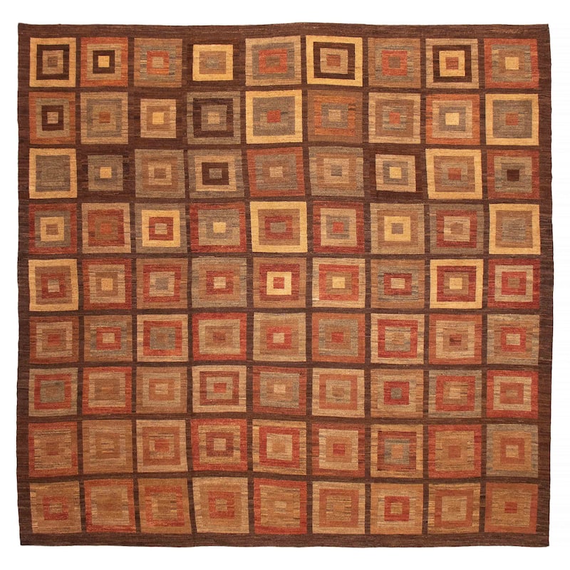 ECARPETGALLERY Flat-Weave Lahor Finest Brown Wool Tapestry Kilim - 13'1 x 12'8 - Brown - 13'1 x 12'8