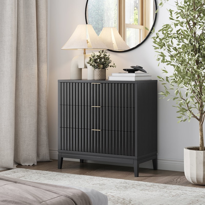 Jasper Mid-Century Modern 3-Drawer Dresser with Solid Wood Frame and Fluted Door Fronts