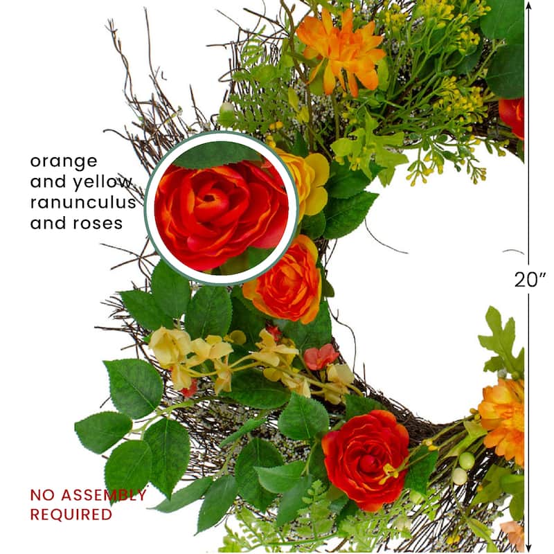 Ranunculus and Rose Floral Spring Wreath, Orange and Yellow 20"