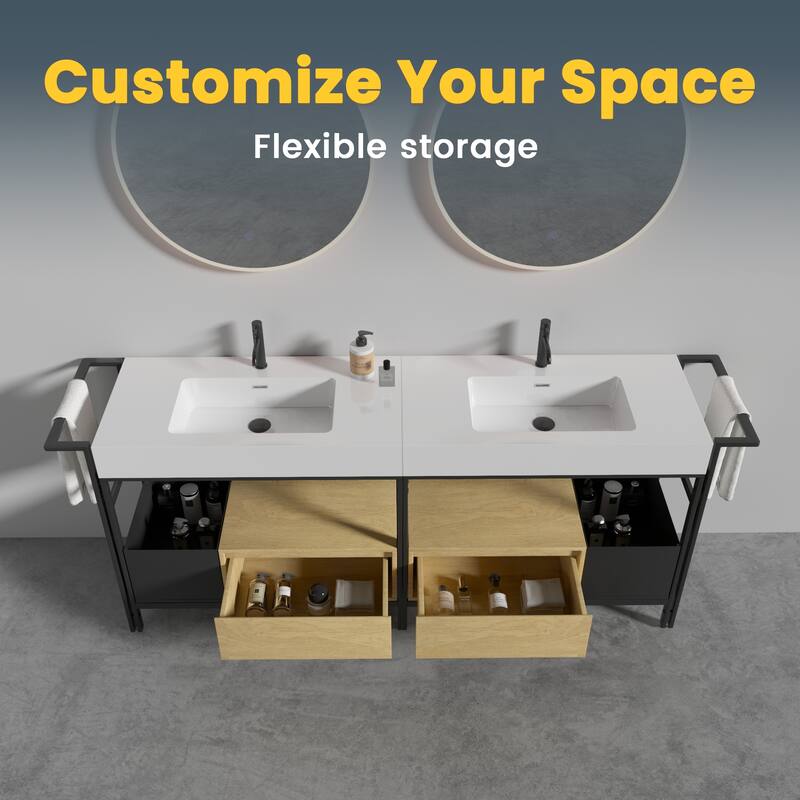 GDFStudio - Forte Industrial Metal Frame Bathroom Vanity with Artificial Stone Basin, Towel Rack & Open Storage